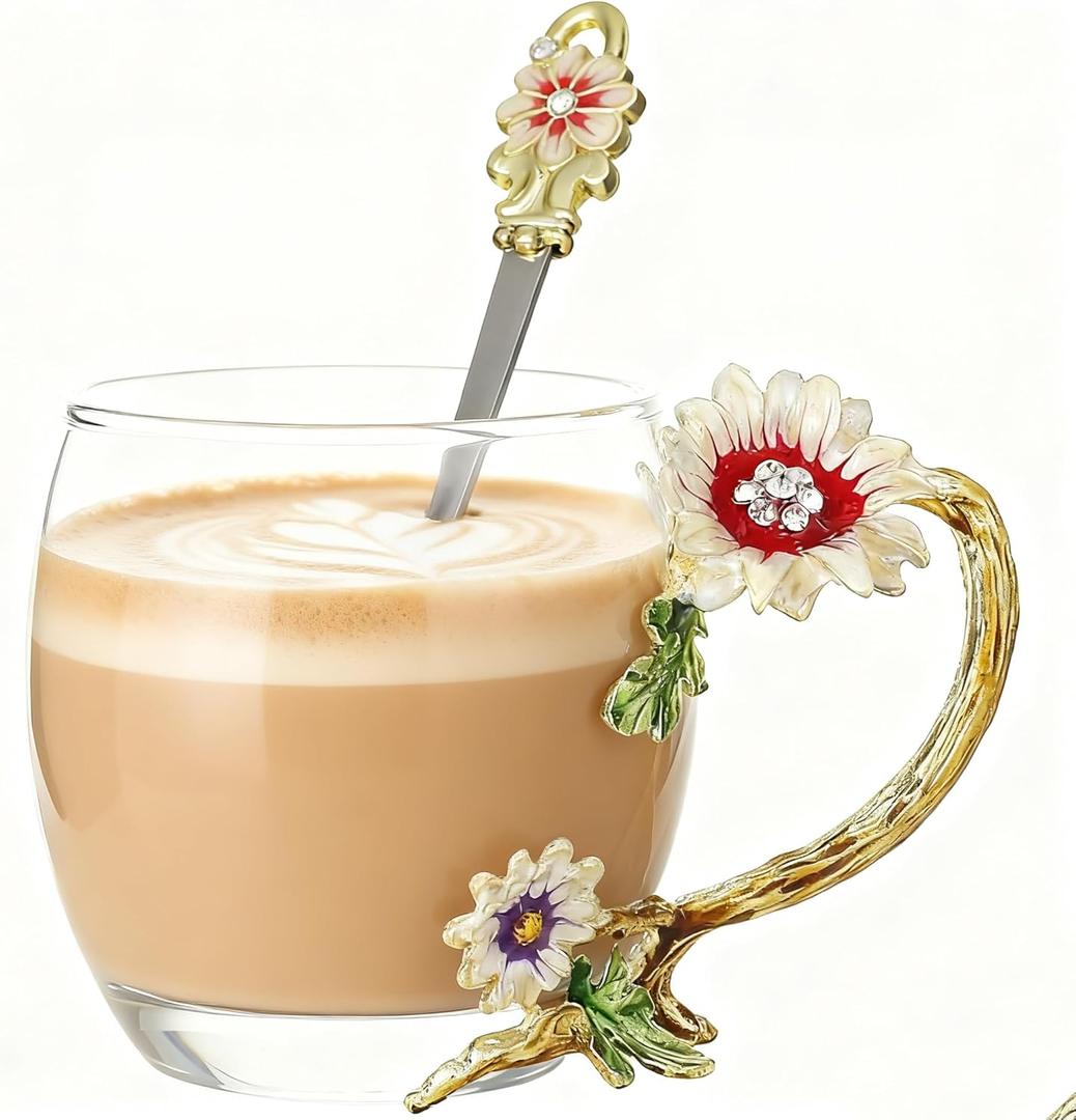 Flower Glass Tea Cup With Spoon Set, Ideal Gift For Mothers Wife Grandma Women Friends On Valentines Day Christmas Birthday, Durable Coffee Mug (Chrysanthemum, 11 OZ)