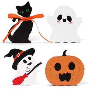 3 x himmel Cute Halloween Decorations Indoor, 4PCS Ghost Wooden Signs Pumpkin Cat Blocks for Tiered Tray Decor, Halloween Decor for Office Home Party Shelf Display Apartment
