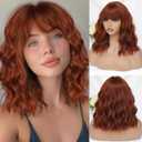 Auburn Wig with Bangs for Women 14 Inch Shoulder Length Short Bob Wavy Curly Auburn Wig Heat Resistant Synthetic Wigs