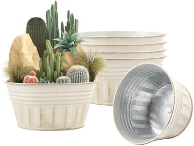 vensovo 10 Inches Beige Metal Rustic Plant Pots - 2 Pcs Large Shallow Galvanized Planters with Drain Hole and Rubber Plug, Rustproof Tin Bucket Succulent Pot Indoor Farmhouse Vintage Style for Decor
