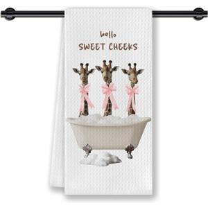 Hello Sweet Cheeks Giraffe Bathroom Hand Towels,Giraffes Gifts for Women, Coquette Pink Bow Giraffe Hand Towels for Bathroom Decor,16x24 Inches