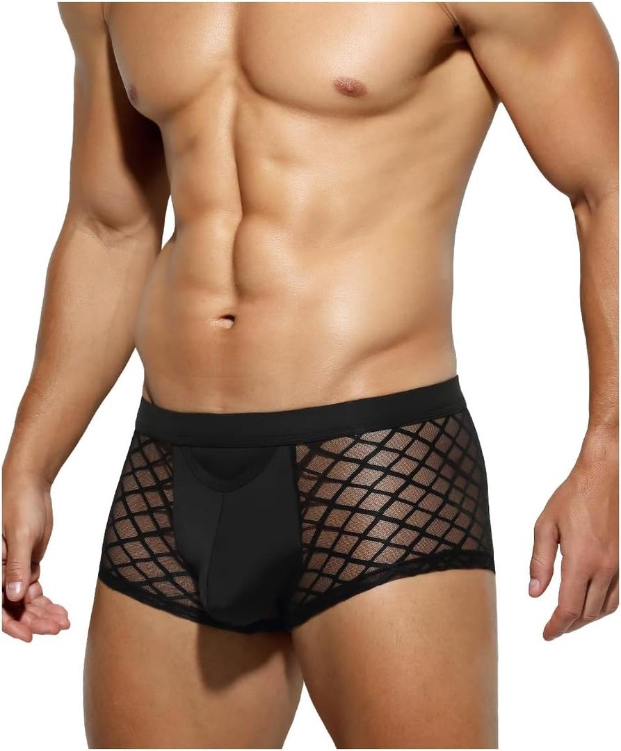 Casey Kevin Men's Underwear Sexy See Through Lace Boxer Briefs Mesh Trunks (3X-Large, A1-black-ck2116-us)