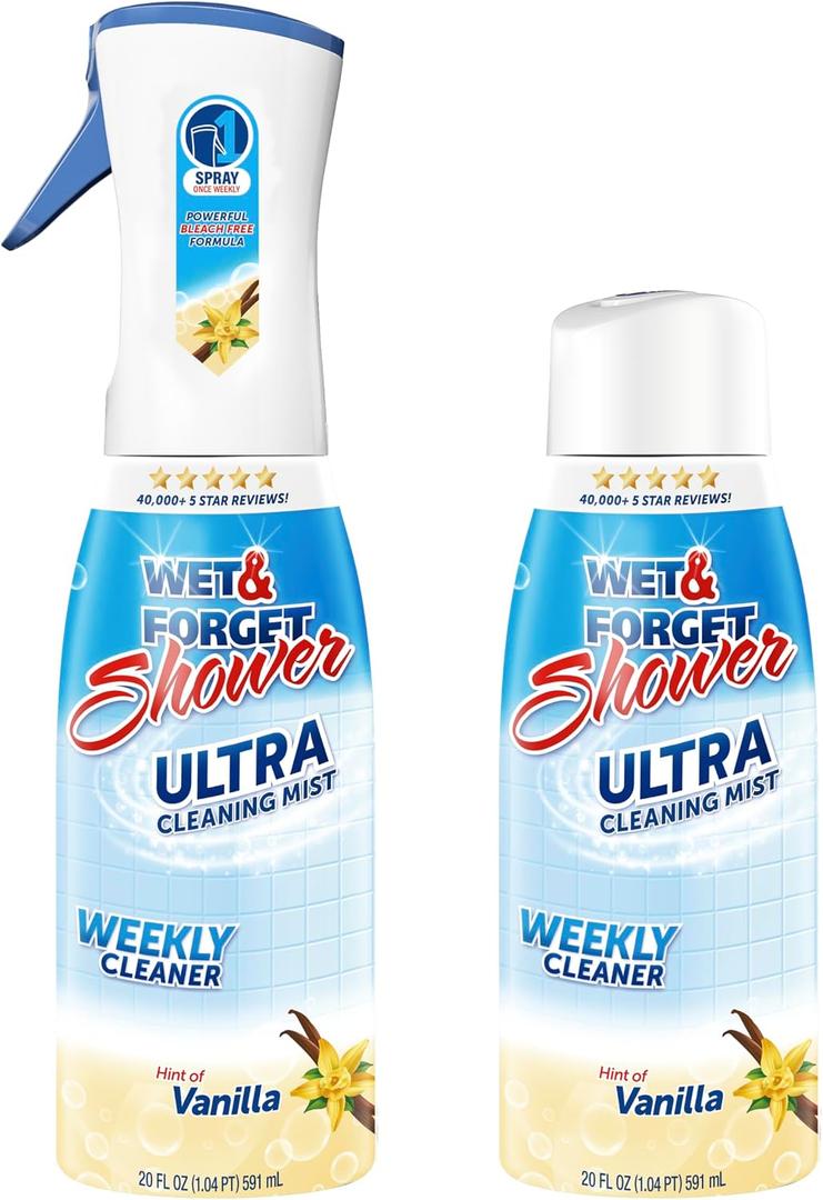 WET & FORGET Shower Ultra Cleaner Mist Vanilla Scent No-Scrub Weekly Bathroom Spray for Fiberglass, Tile, Glass, Grout & More, 1 Spray and 1 Refill, 20oz each