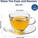 7oz Glass Tea Cups and Saucers,6 Pack Clear Teacup and Saucer Set,Glass Tea Cups with Handles for Cappuccino,Tea,Juice
