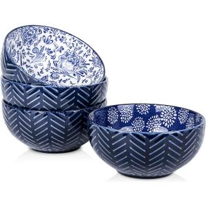 Selamica Ceramic Cereal Bowls Set 25 OZ, Embossed Soup Bowls, Dessert Bowls 5.9 Inch Ceramic Kitchen Bowls for Ramen Oatmeal Fruits, Microwave Dishwasher Safe, Set of 4, Blue