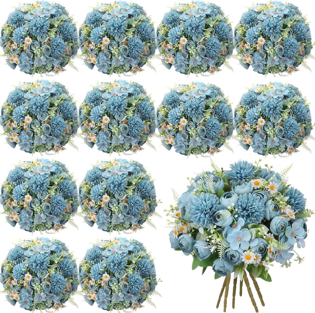 Tigeen 12 Bundles Peonies Artificial Flowers Faux Roses Silk Flowers Hydrangea Artificial Bouquet for Wedding Table Centerpiece Floral Vase Home Office Bridal Decor (Mist Blue)