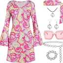 70s Disco Outfit Women, 7 PCS 70's Disco Dress Costume Hippie Clothes Accessories Jewelry Halloween M