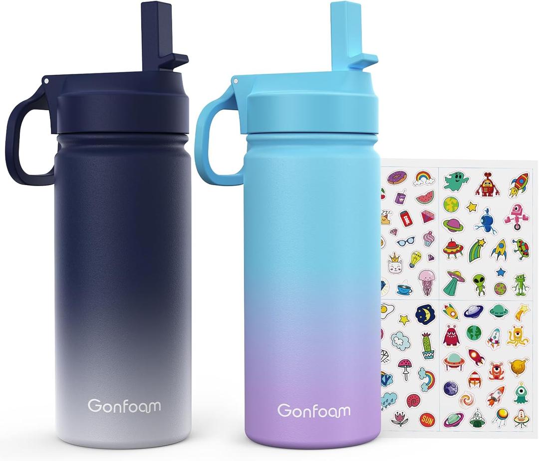 Kids Water Bottle, 2-Pack 16oz Kids Water Bottle with Stickers for School, insulated Stainless Steel Straw Cup(Gray+Blue)