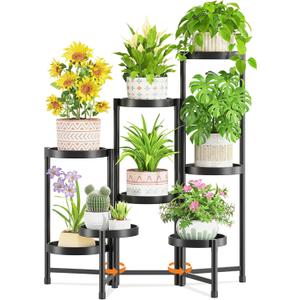 LASZOLA 8 Tiered Folding Tall Plant Stand Indoor for Multiple Large Planter, Heavy Duty Metal Adjustable Flower Rack for Narrow Corner, Sturdy Vertical Spiral Shelving Holder for Modern House, Black
