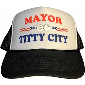 Mayor of Titty City Snapback Trucker Hat for Men or Women, Vintage Fit with Funny Novelty Graphic, Black/White