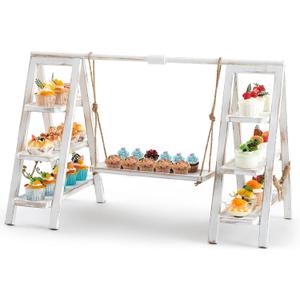 Wooden 3 Tier Swing Cupcake Stand with Serving Platter 20x30 Foldable Ladder Stand Dessert Display Cake Snack Fruit Bread Centerpieces for Party, Birthday, Wedding, Baby Shower(Rustic White)