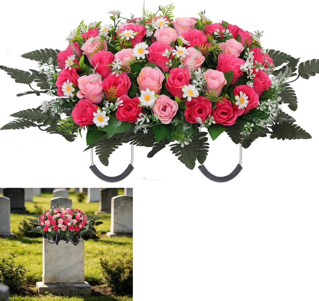 Wocst Headstone Flower Saddle,Large Artificial Cemetery Flowers for Grave Artificial Roses Daisy Saddle for Cemetery Headstone (Pink)