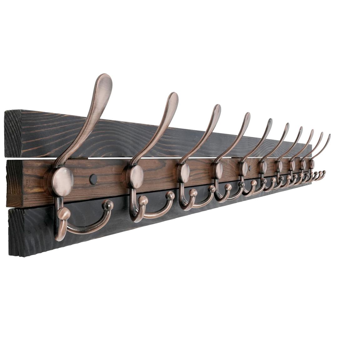 SKOLOO Rustic Wall Mounted Coat Rack - 38.6" Long Coat Hooks for Wall with 10 Triple Hooks for Hanging Coats, Hats or Tools - Kitchen, Mudroom, Entryway, Bathroom, Wood Brown & Antique