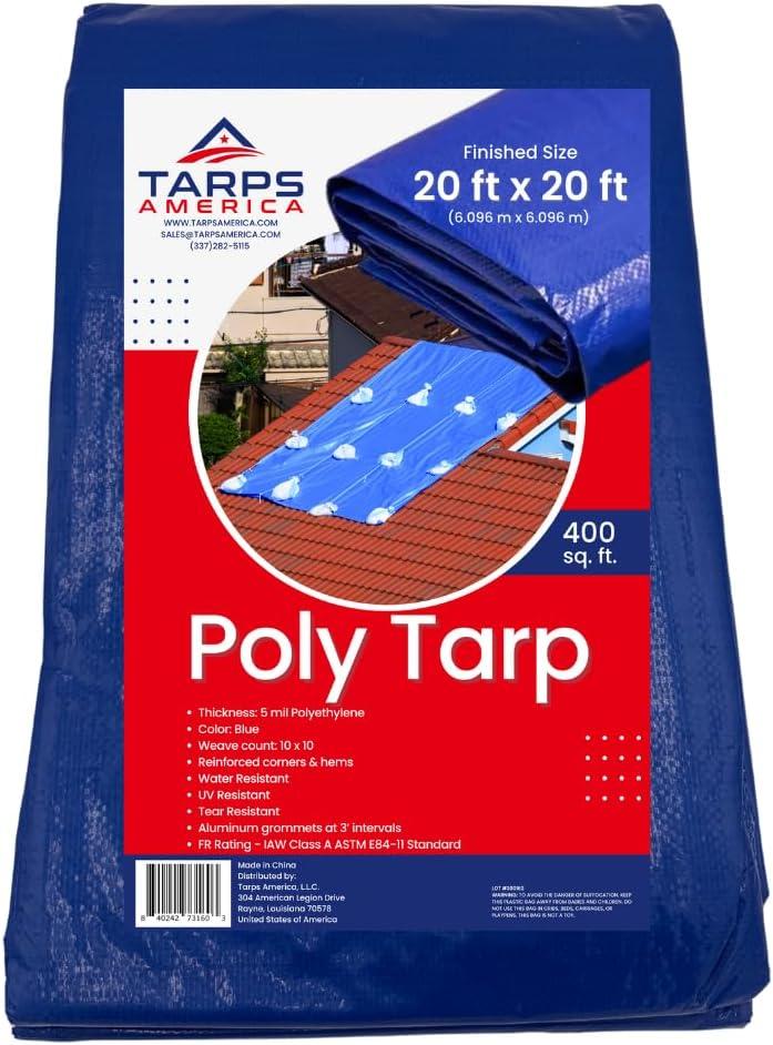20x20 Blue Tarp  Waterproof Roof Tarp with Grommets, 5 Mil Thick Poly Cover for Emergency Roofing, Camping, Construction, Weather Protection  UV Resistant, Tearproof, Durable  Tarps America