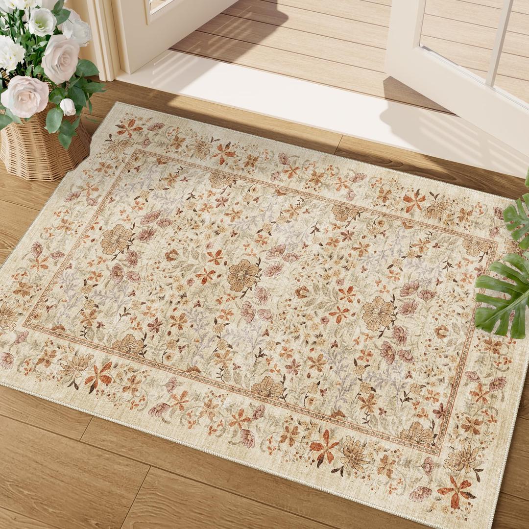 DUKINO 8x10 Area Rugs, Vintage Floral Washable Rug for Living Room, Beige