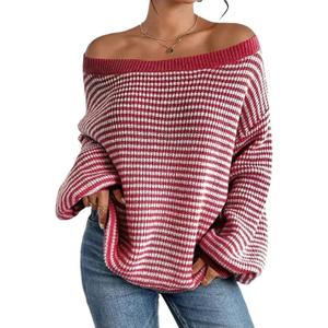 Women's Oversized Striped Sweater Casual Off The Shoulder Sweater Fall Long Sleeve Loose Knit Pullover Jumper Tops (Red)