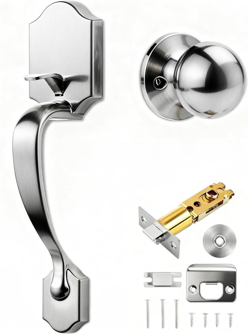 Motovecor Front Door Knob Handleset, Entry Door Handle Set with Cove Knob for Right and Left Handed Sided Doors, Interior and Exterior Entrance Passage Lock, Lower Half Grip, Satin Nickel