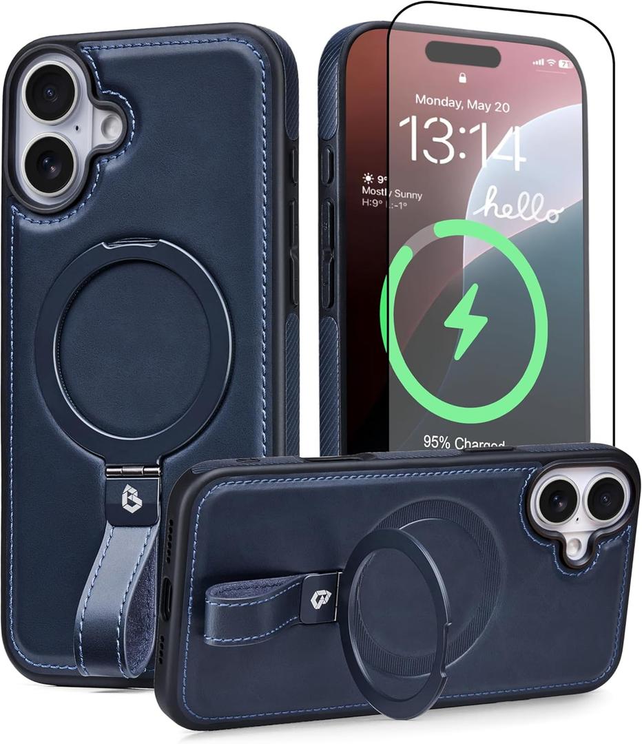 iPhone 17 Case Leather | iPhone 17 Leather Case with Stand | Compatible with MagSafe with Magnetic Ring Grip Holder (Blue, IP17-6.3inch)