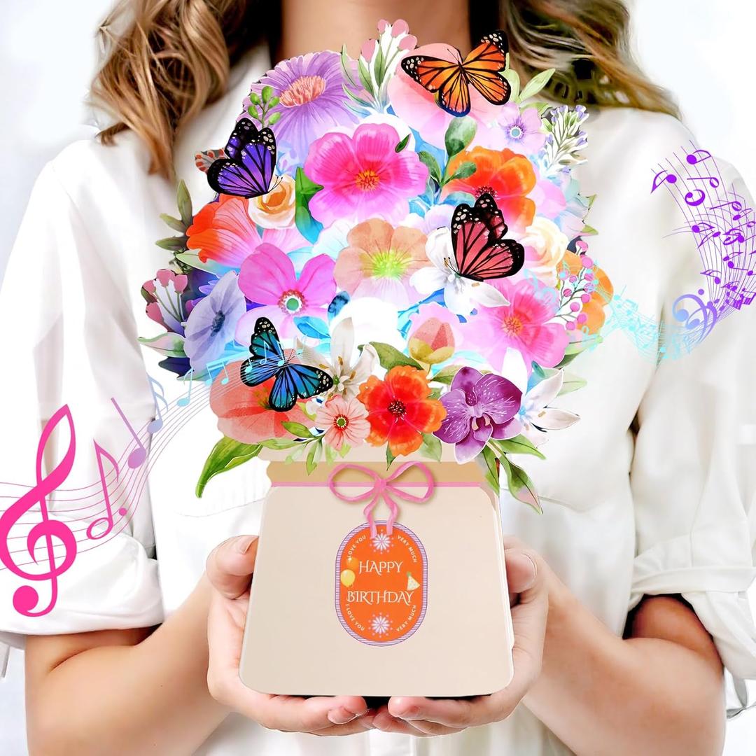 Birthday Cards, Light and Music Happy Birthday Card, Lily and Butterflies, 10 Inch Life Sized Forever Flower Bouquet 3D Pop Up Birthday Gift Card for Women Wife Mom Daughter Sister