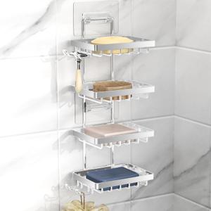 Moforoco 4 Tier Silver Soap Dish for Shower Wall, No Drilling, 304 Rustproof Stainless Steel, with 4 Hooks and Razor Holder, Shampoo Bar Holder for Shower Caddy, Bathroom