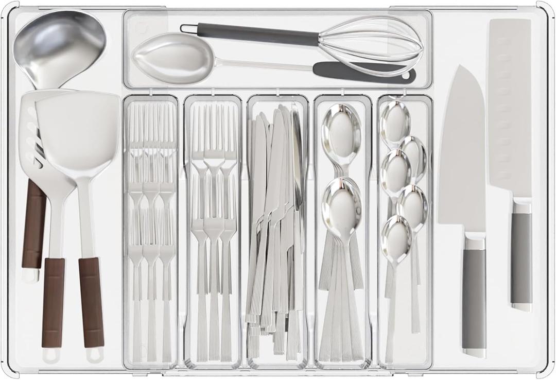 Yieach Clack Expandable Silverware Organizers for Kitchen Drawers,Large 8 Grid Silverware Tray and Cutlery Drawer Organizer,BPA Free Kitchen Utensil Organizer for Knife,Spoons Forks Set Flatware Tray (Clear)