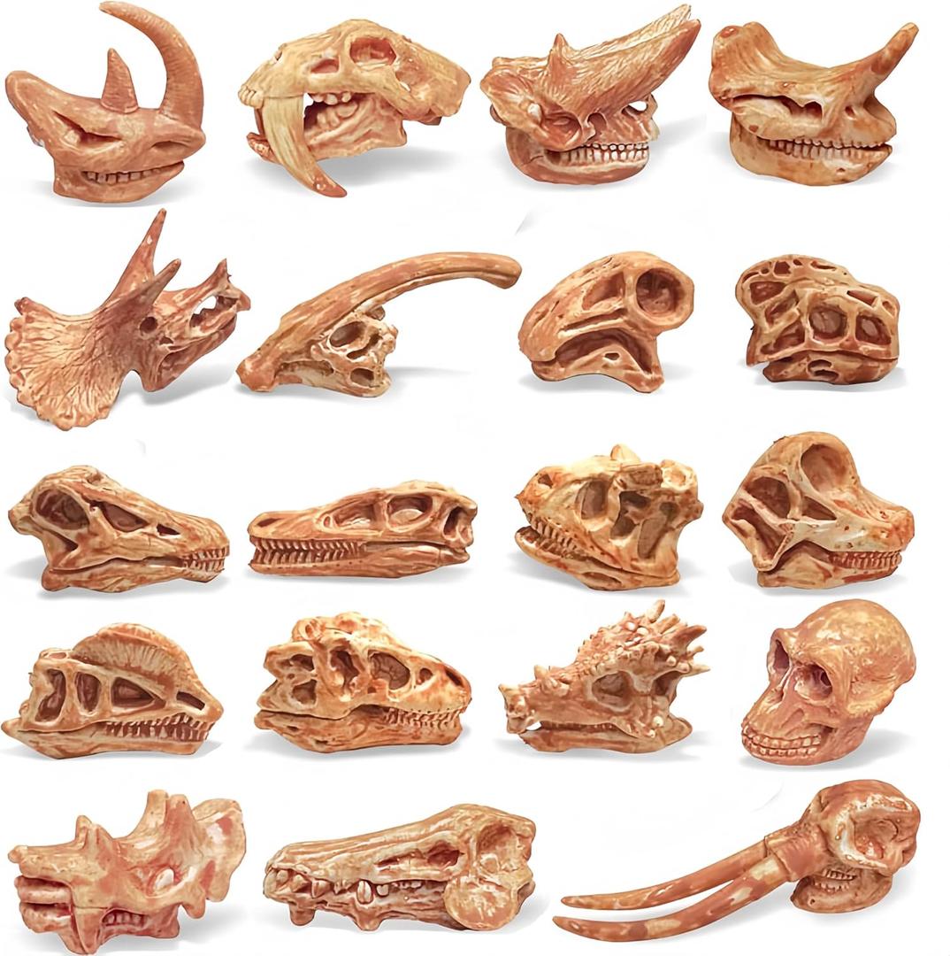 19Pcs 1.5 Inch Mini Resin Animal Skull Heads, Bearded Dragon Tank Accessories, Alien Animal Skulls Figurines, Mini Skulls for Crafts Halloween Landscape Decor (Brown), 138032-034