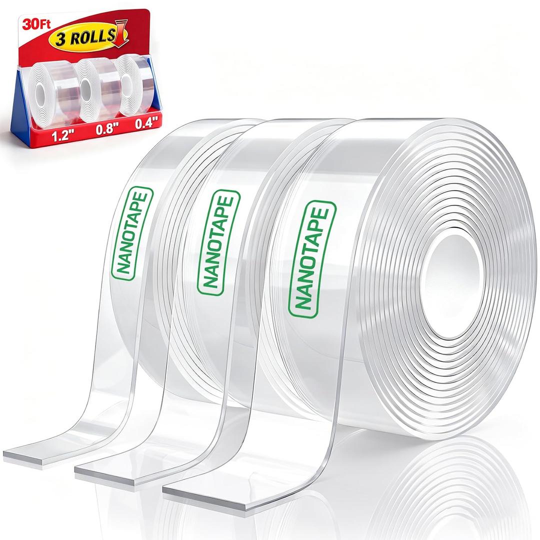 3 Rolls Double Sided Tape Heavy Duty - Total 30FT, Extra Strong Nano Tape Adhesive Strips Filament Tape, Clear Mounting Tape Removable Two Sided Adhesive Tape for Walls, Posters, Rug, Picture Hanging