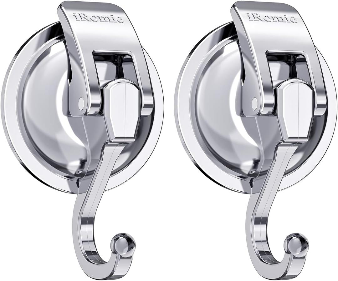 Heavy Duty Vacuum Suction Cup Hooks (2Pack) Specialized for Kitchen&Bathroom&Restroom Organization, by iRomic (Silver)
