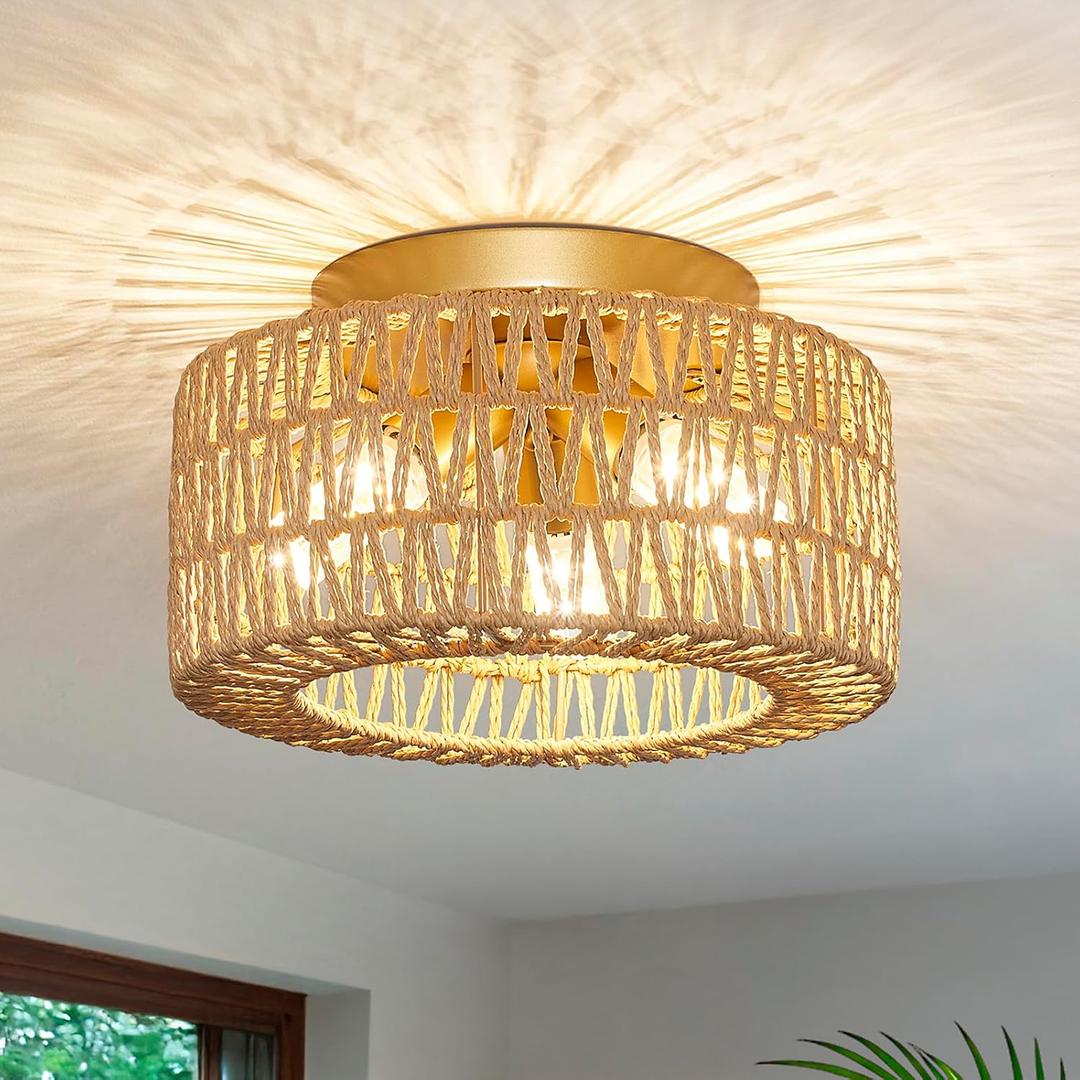 Rattan Light Fixtures Ceiling Mount, 3-Lights Boho Flush Mount Ceiling Light, Hand-Woven Cage Shade Lamp Lighting, Rustic Rattan Chandelier for Hallway Bedroom Kitchen Farmhouse Foyer Entryway (Gold) (Small)