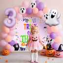 Trick or Three Party Decor Trick Or Three Banner Halloween Ghost Balloons for Pink Halloween Girl Third Birthday Party Decorations (Purple)