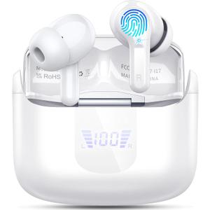 Wireless Earbuds, Bluetooth 5.3 Headphones 2025 NEW Ear Buds 40H Bass Stereo in-Ear Earphones ENC Noise Cancelling Earbuds with 4 HD Mic, USB-C LED Display IP7 Waterproof Sport Headset for Android iOS (White)