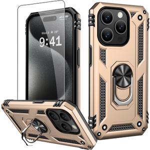 2 x IKAZZ for iPhone 13 Pro Max Case 6.7 Inch with Screen Protector,Military Grade Shockproof Heavy Duty Protective Phone Cover Pass 16ft Drop Test with Magnetic Kickstand Car Mount Holder,Gold