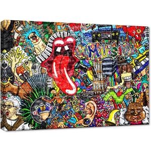Graffiti Paintings Canvas Colorful Wall Art Living Room Decor Pictures Music Collage on Brick Wall Contemporary Home Decor Modern Artwork Posters and Prints Framed Ready to Hang (44''W x 28''H)