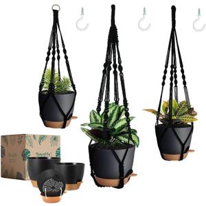 Bouqlife 3 Pack Self Watering Hanging Planters Macrame Plant Hangers with Indoor Flower Pots, 3 Different Size Hanging Basket, Plant Hanger with Hooks for Garden Home Decor Black (Medium)
