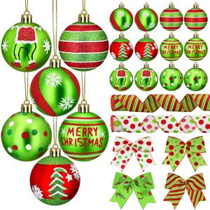 Christmas Tree Ornaments, 18 PCS Christmas Decorations Set with Red and Green Hanging Balls & Christmas Bows & Ribbon, Shatterproof Bulbs for Navidad Tree Decor and Holiday Party