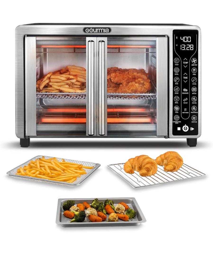 Gourmia French Door Air Fryer 25 Qt Large Capacity Convection Oven, Fryfroce 360, Digital Display with 17 Cooking Presets, Bake, Toast, Roast, Dehydrate, Fits 12 Pizza, 25 Quart