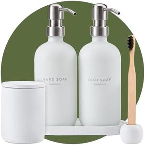 MaisoNovo Stone Bathroom Toothbrush Holder Set - Qtip Holder, Cotton Ball & Cotton Rounds Holder, Countertop Toothbrush & Toothpaste Cup W/Stand & Tray, Qtip Container, 2 Soap Dispenser - White