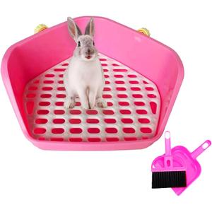 kathson Rabbit Litter Box Pet Toilet Cage Box Potty Trainer Corner with Small Animal Cage Cleaner Broom Brush Dustpan for Bunny Chinchilla Guinea Pig Ferret (Pink)