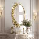 Gold Oval Decorative Mirror, 18x24 Inch Metal Frame Ornate Flower Leaves Modern Wall Mirror for Living Room, Bedroom, Entryway, Dresser, Bathroom