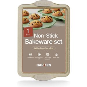 BAKKEN Kitchen Baking Pans - 15.15 x 10.03" Medium Nonstick Sheet, Durable Carbon Steel Cookie Sheet with White Silicone Handles, PFOA, PFOS, PTFE Free, Oven Safe Tray (Up To 450°F), Set of 1