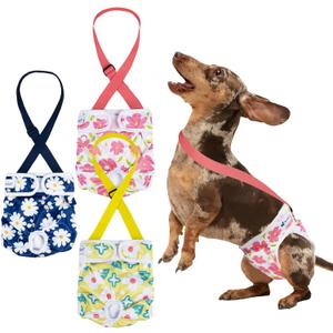 Pet Soft Dog Diapers Female with Suspenders, 3 Pack Reusable Female Dog Diapers for Heat, Dog Period Panties for Doggie in Cycle(Small, Flowers) (Small:10''-14'')