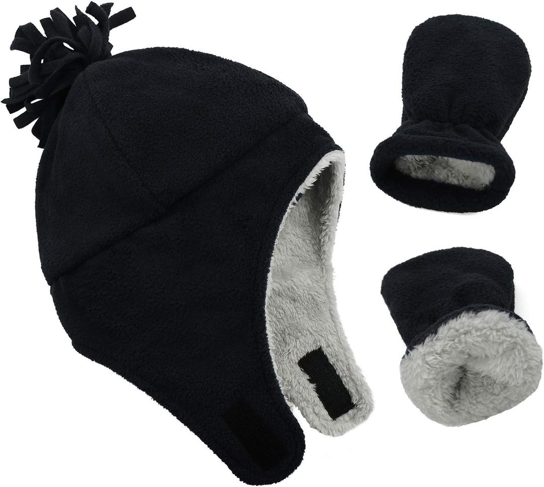 Century Star Baby Fleece Hat Warm Earflap Kids Caps Toddler Boys Winter Hat and Mitten Set (3-12 Months, 01 Black)