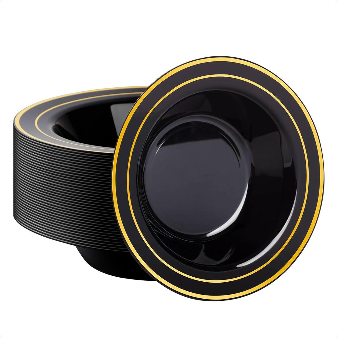 Goodluck 50 Pack Black Plastic Bowls with Gold Rim, 12oz Disposable Soup Bowls, Heavy Duty Dessert Bowls for Weddings, Parties, Dinners, Catering, and New Year