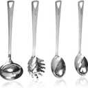 4PCS Cooking Utensils Set, Stainless Steel Kitchen Utensils Set, Durable Kitchenware Set for Cooking, Utensils Set with Slotted Serving Spoon, Spaghetti Fork, Ladle, Solid Serving Spoon