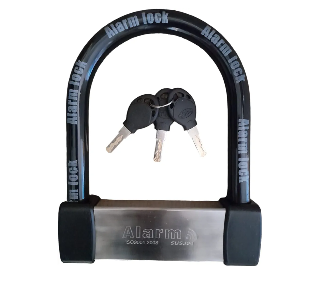Heavy Duty Anti Theft Alarm U Lock for E-Bikes, Scooters, Motorcycles - 16mm Stainless Steel, 3 Keys, Weatherproof, Silver
