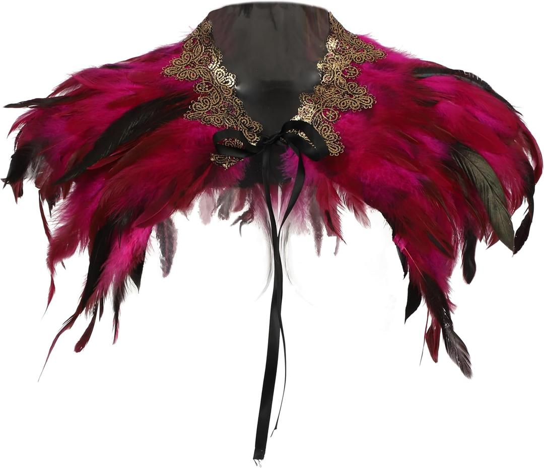 Women Feather Shawl Gothic Lace Cape Halloween Witch Cosplay Costume Carnival (Red)