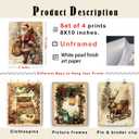 XUNLURY Vintage Christmas Wall Art Prints Unframed Set of 4, Rustic Christmas Wall Decor, Retro Xmas Santa Reindeer Luggage Journal Artwork Pictures for Home Living Room Bedroom, 8x10