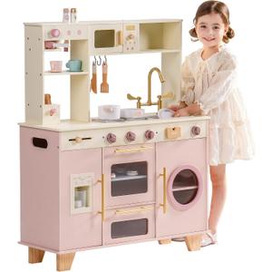 ROBOTIME Kids Play Kitchen, Modern Wooden Toy Kitchen with Ice Maker, Coffee Maker, Oven, Microwave, Toaster, Stove, Dishwasher & Sink, Ultimate Kids Kitchen Playset for Ages 3+