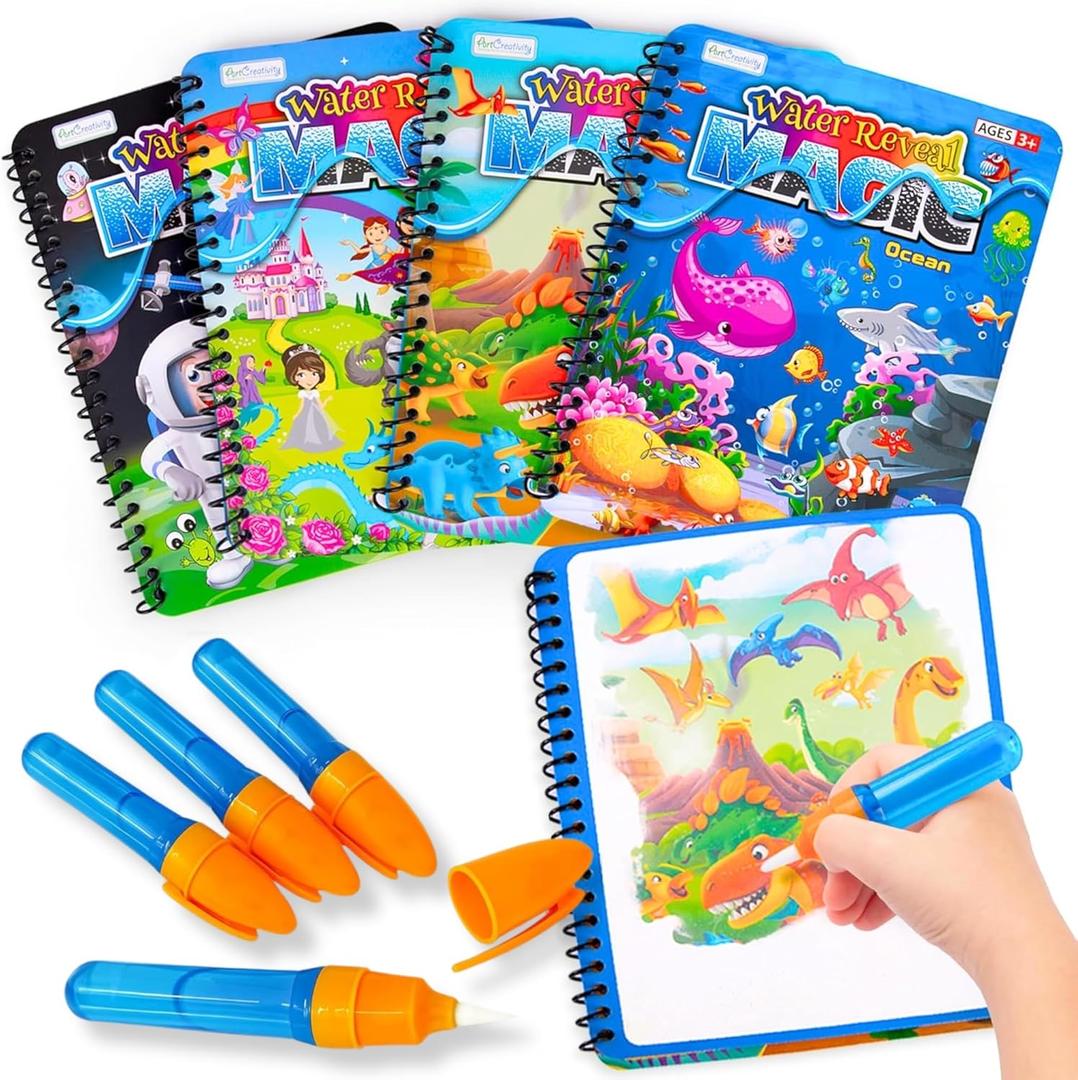 ArtCreativity 4 Pack Magic Water Coloring Books for Toddlers, Reusable Magic Water Pen Coloring Books for Kids - Mess Free Water Art Book for Toddlers - Travel Activity Toys, No-Mess Coloring