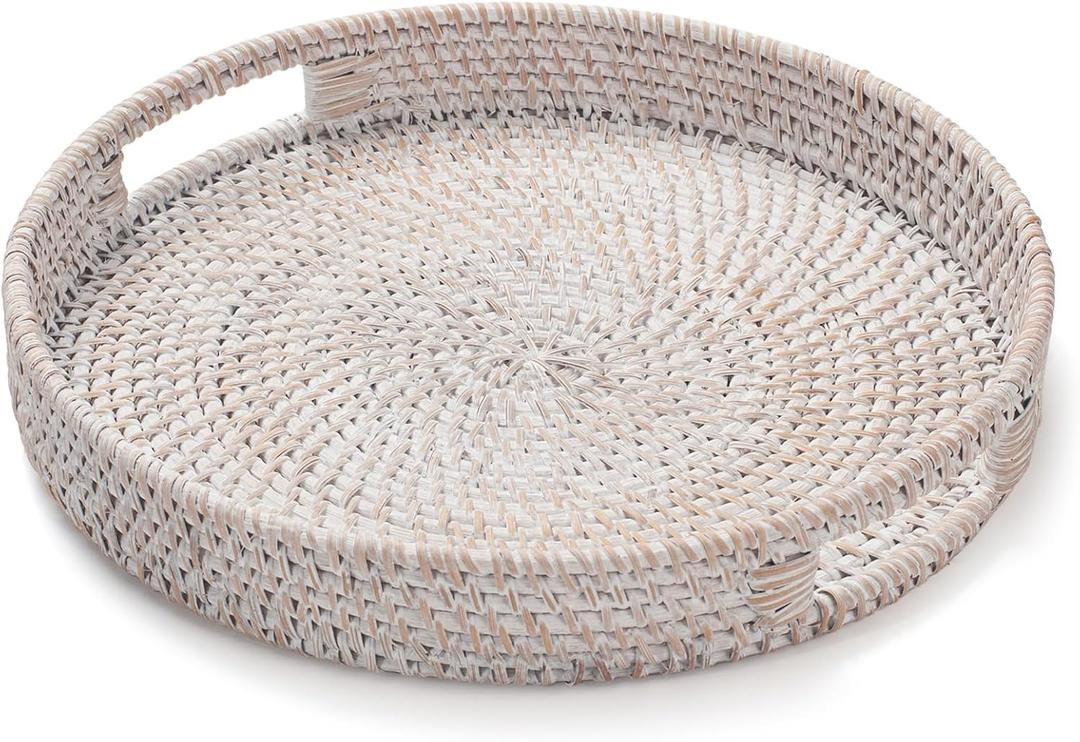 11.8 inch Round Rattan Tray, Decorative Coffee Table Trays, Ottoman Tray, Woven Serving Tray with Handles, Wicker Serving Basket, Whitewash